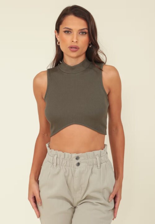 BLUSA CROPPED CANELADO GOLA ALTA