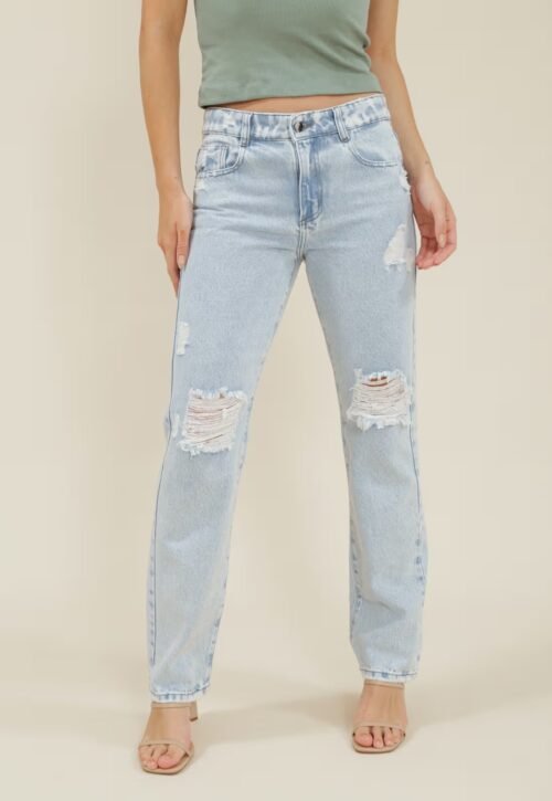 CALÇA JEANS RETA JEANS CINTURA MÉDIA COM RASGOS