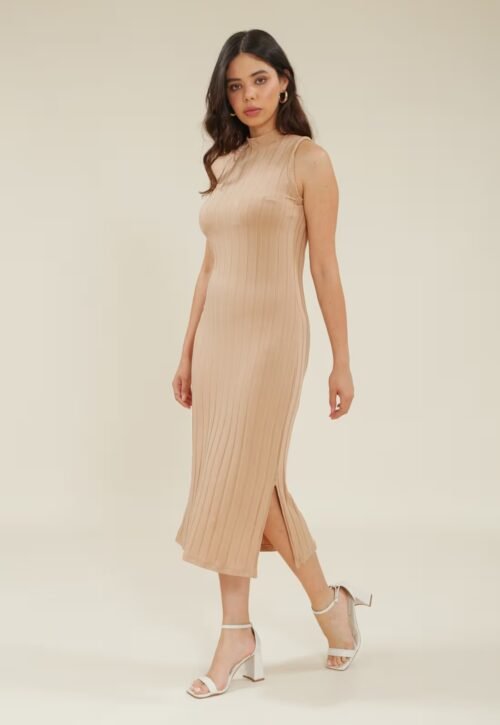 VESTIDO MIDI MALHA CANELADA GOLA ALTA SEM MANGAS