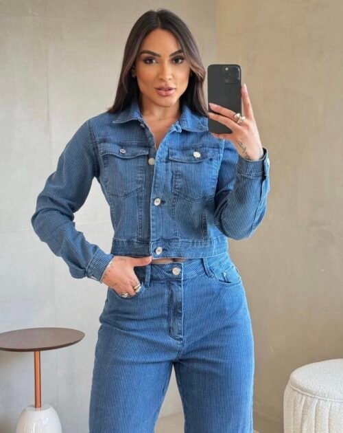 Jaqueta Jeans Cotele Cropped